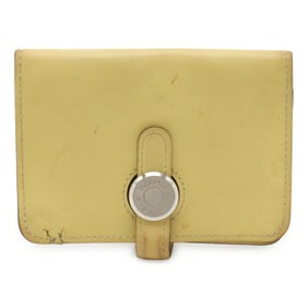 HERMES Dogon card case, coin wallet, purse, Swift leather, yellow, souffle, with X marking.