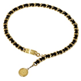 CHANEL Cambon Belt Women's Brand GP Leather Chain Gold Black Logo Plate Coco Mark Thick