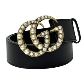 Gucci Women's Double G Leather Belt with Faux Pearl and Black Gold GG Marmont Logo (453260)