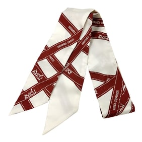 Hermes Hermès Voluduc Twilly Scarf, Women's, Silk, White, Bordeaux, Ribbon Pattern, White and Red