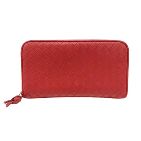 Bottega Veneta Women's Intrecciato Leather Long Wallet in Red with Round Zipper and Braided Trim