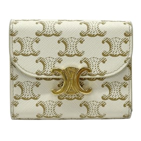 Celine Triomphe Tri-fold Wallet for Women, Small Leather Flap Wallet, White, Brown, Gold Hardware,