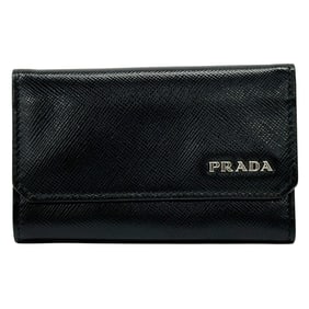 Prada Men's Saffiano Black Key Case with 6 Rings and Simple Silver Hardware