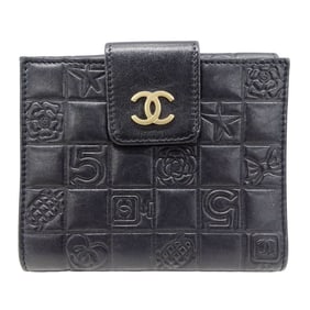 CHANEL Women's Icon Bifold Wallet in Black Lambskin with Gold Hardware, Compact