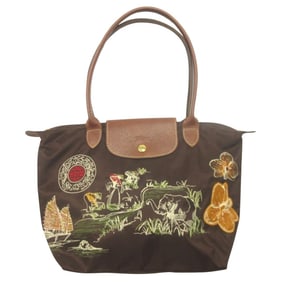 LONGCHAMP Le Pliage Cuir Tote Handbag with Vietnamese Embroidery and Leather Patch, Brown, Women's