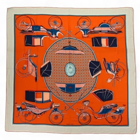 HERMES Carré 140 "Les Voitures a Transformation" Folding Canopy Carriage Scarf/Muffler, Orange,