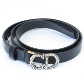 Christian Dior Rhinestone CD Buckle Leather Narrow Belt, Size 70, Black with Gold Hardware, Women's