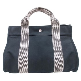 HERMES Cannes PM Handbag Tote Canvas Herringbone with Pouch, Black/Ivory, Women's