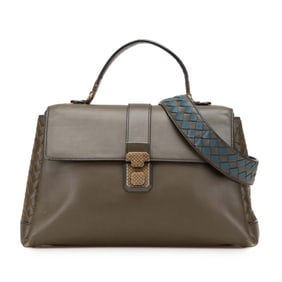 Bottega Veneta Intrecciato Piazza Handbag/Shoulder Bag, 2-Way Khaki Leather, Women's