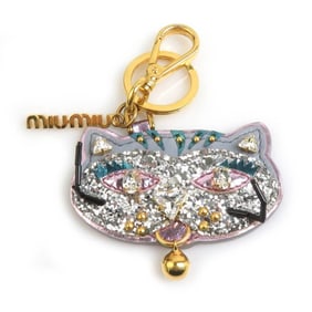 Miu Miu Miu Cat Charm Key Ring with Leather Beads and Metal, Purple, Women's, H31684k