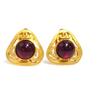 CHANEL Coco Mark Metal Earrings with Glass Stones in Gold and Red, Women's, e61085k