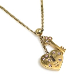 CHANEL Heart Lock & Key Necklace with Metal Rhinestones, Gold and Pink, Women's, e61086a