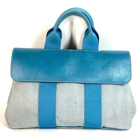 HERMES Valparaiso PM Tote Bag, Flap Handbag, Cotton/Leather, Unisex, Blue