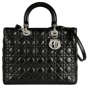 Christian Dior Dior Lady Cannage Handbag Lambskin Black