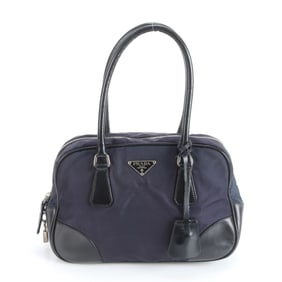 Prada Tessuto Nylon Triangle Logo Leather Handbag Tote Navy Blue Women's