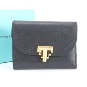 Tiffany T Logo Leather Tri-fold Wallet Compact Black Women's