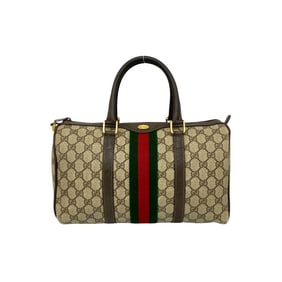 GUCCI Old Gucci Sherry Line GG Logo Hardware Leather Handbag Boston Bag Brown 2085b