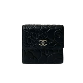 CHANEL Coco Mark Camellia Lambskin Leather Tri-fold Wallet Black 18754