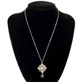 CHANEL Coco Mark GP Rhinestone Necklace Pendant Choker Silver 79889