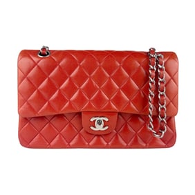 CHANEL Double Flap Matelasse Shoulder Bag in Lambskin, Red and Silver, Women's z7610