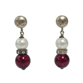 CHANEL Coco Mark Metal Earrings with Faux Pearls in Gold, White, and Burgundy, Women's, e61121k