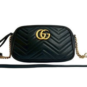 GUCCI Quilted GG Marmont Leather Chain Shoulder Bag/Pochette/Sacoche Black 31047