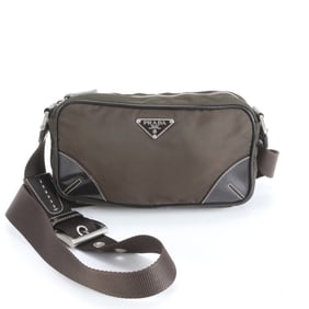 Prada Tessuto nylon triangle logo leather shoulder bag, brown, for women