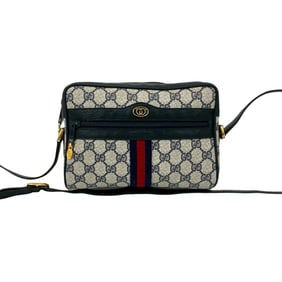 GUCCI Old Gucci Sherry Line GG Logo Hardware Leather Shoulder Bag Navy 32021