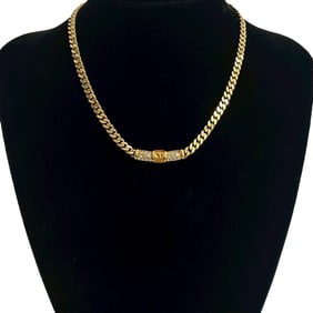 Christian Dior CD Logo GP Rhinestone Curb Chain Necklace Pendant Gold 1428a