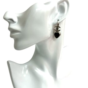 CHANEL Coco Mark Heart Motif Plated Earrings, Silver and Black, 75133