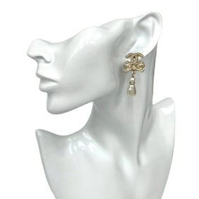CHANEL Coco Mark Ribbon Motif GP Rhinestone and Faux Pearl Earrings, Gold White, 79633