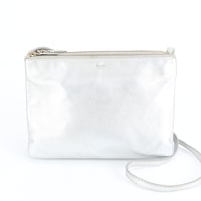 Celine Trio Leather Shoulder Bag Hand Tote Silver Women's