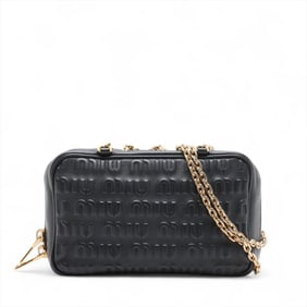 Miu Miu Miu Embossed Logo Leather Shoulder Bag with Hand Chain, Black, Women's