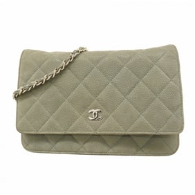Chanel Matelasse Shoulder Wallet with Chain Bag in Caviar Leather, Gray-Green, Women's
