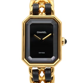 CHANEL Premiere M Watch, GP (Gold Plated), Leather, Women's, Black, H0001