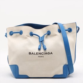 Balenciaga Navy Bucket 409000 Leather Canvas Shoulder Bag with Drawstring, Blue, Women's