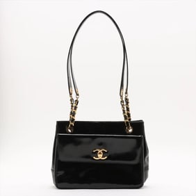 Chanel Coco Mark Chain Leather Shoulder Bag Tote Black Gold Women's