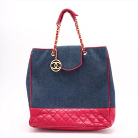 Chanel Matelassé Denim Red Tote Bag with Serial Seal, Shoulder Bag, Handbag, Women's