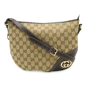GUCCI GG Canvas Shoulder Bag in Khaki Beige and Dark Brown Leather (169998)