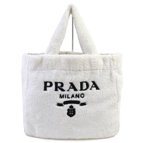 PRADA SPUGNA 1BG130 Polyester and Cowhide Leather Triangle Logo Soft Terry Lettering Pile Tote Bag