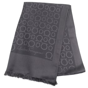 Salvatore Ferragamo Silk Wool Gancini Logo All-Over Print Mini Fringe Shawl/Stole, Dark Gray, Made