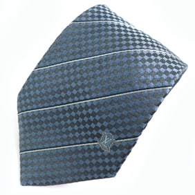 LOUIS VUITTON Cravate Ex M67978 100% Silk Checkered Tie, 8cm, Blue and Black, Made in Italy,