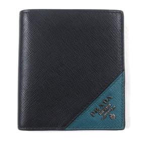 PRADA 2MO004 Saffiano Leather Two-Tone Compact Wallet with Logo Hardware, Billfold, Bi-fold in Black