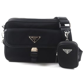 PRADA 2VH133 Re-Nylon Saffiano Leather Shoulder Bag with Triangle Logo and Plaque, Black Silver