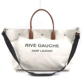 SAINT LAURENT 685543 Rive Gauche Maxi 2-Way Shopping Bag, Canvas and Leather Tote Beige Brown,