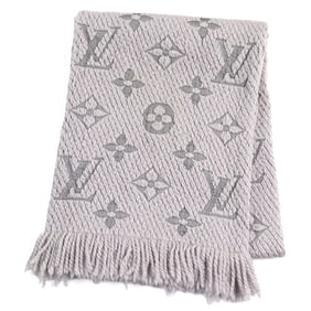 LOUIS VUITTON M74742 Echarpe Logomania Silk Blend Monogram Fringed Scarf, Gris Perle, Made in Italy,