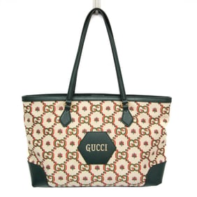 Gucci 100th Anniversary Model 676681 Women's Canvas,Leather Tote Bag Green,Light Beige