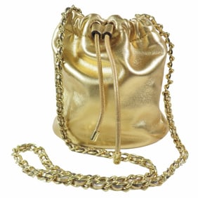 RALPH LAUREN Women's Gold Leather Drawstring Shoulder Bag with Chain Strap, Crossbody