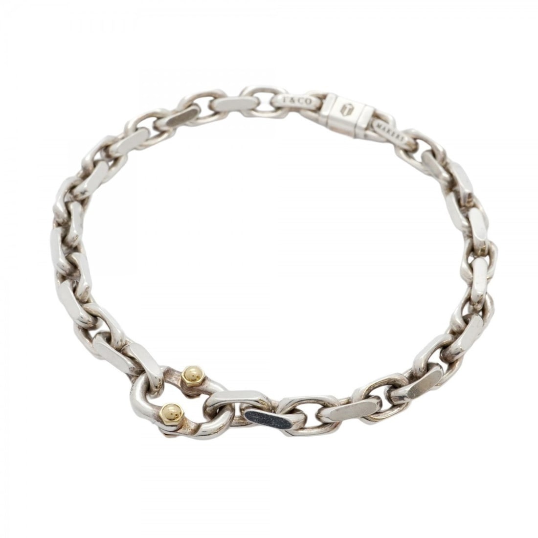 Tiffany Bracelet Makers 18KYG Yellow Gold and Silver 925 for Men Women: --- Catalog ---Category: SizeLength: 19cm / 7.48''Category: DesignType: Charm braceletGender: Men,WomenMaterial: Silver 925, Yellow gold (18K)Category: GeneralBrand: Tiffany--- Item List ---Section: C