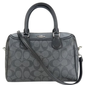 Coach handbag F32203 Signature coated canvas and leather mini Boston bag in gray black.